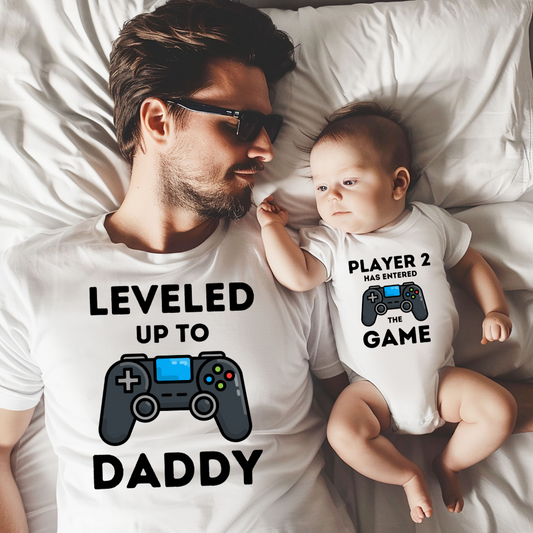 Leveled Up to Daddy | New Dad and Baby Matching Gamer Shirts